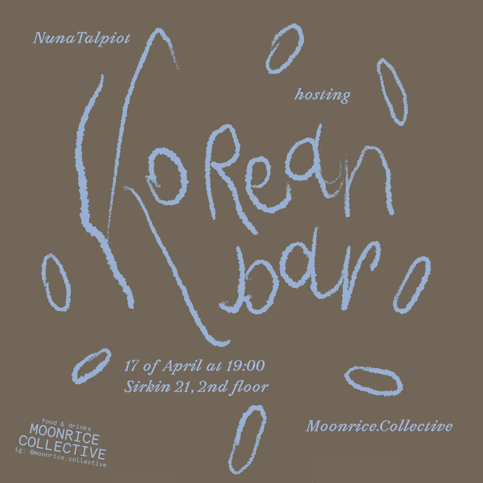 Poster for a Moonrice Collective Korean bar night — hand-drawn blue lettering