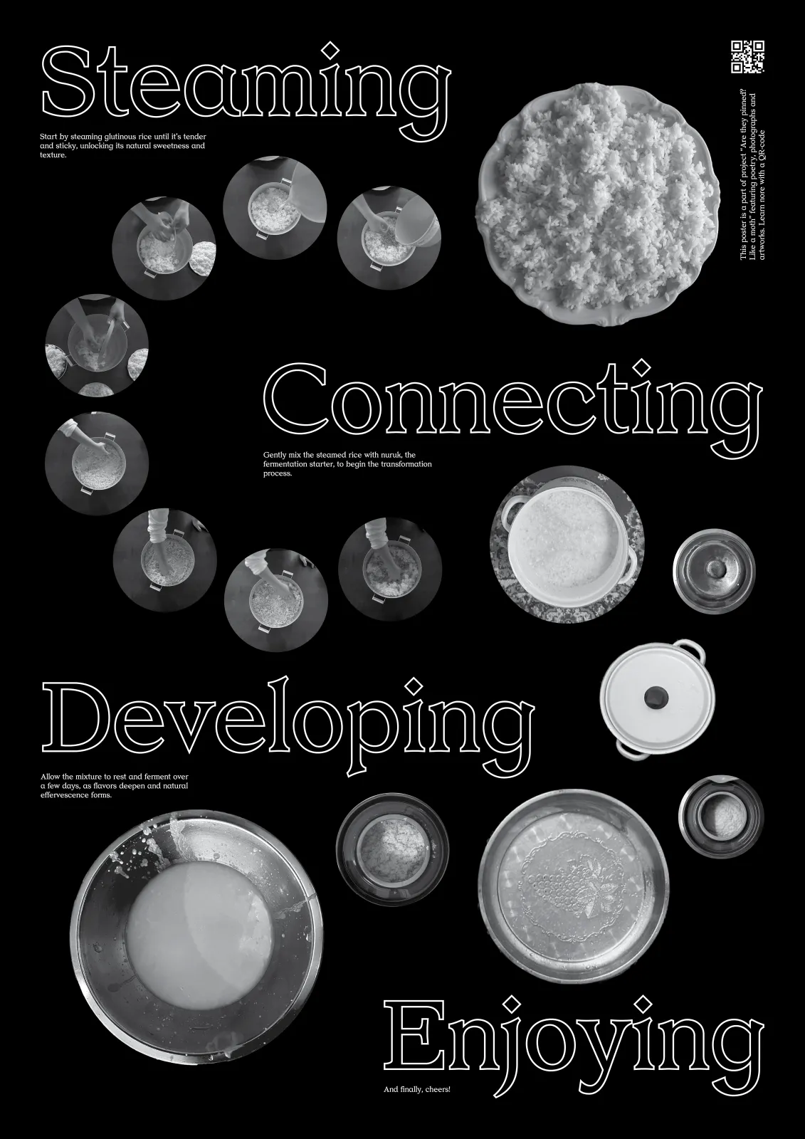 Poster of the makgeolli brewing process in greyscale food photography