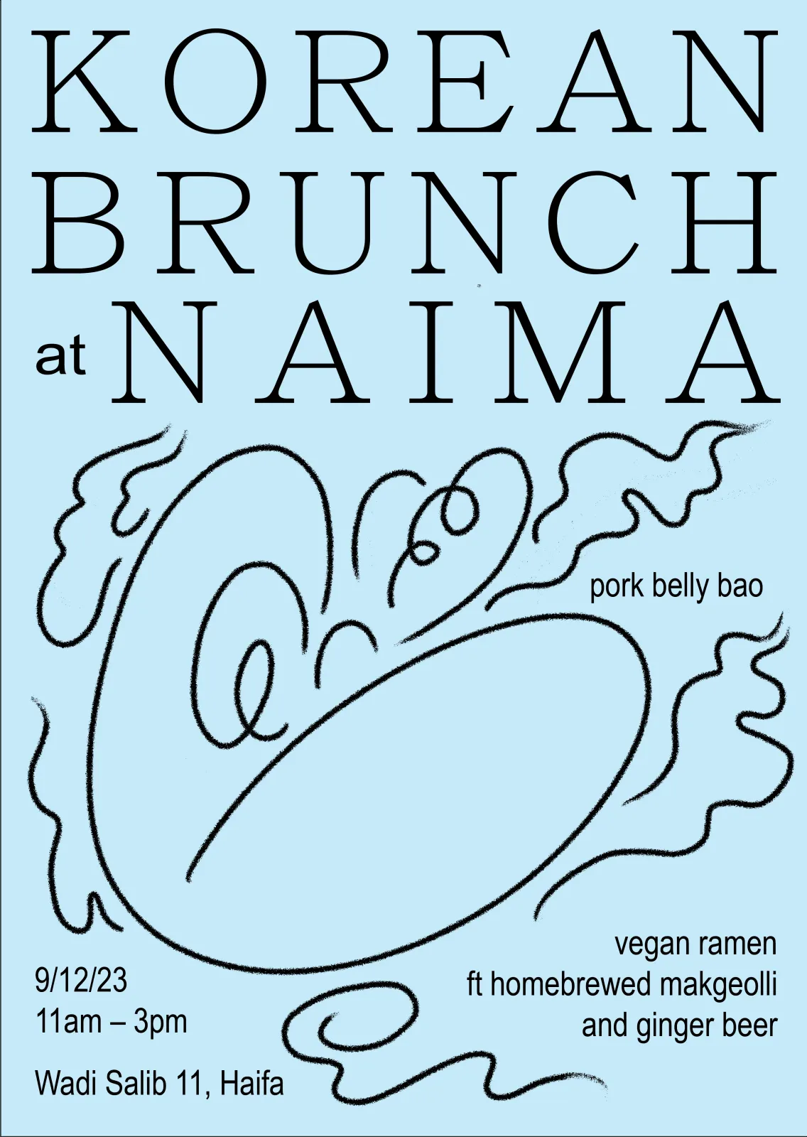 Poster for Korean Brunch at Naima, Haifa — black line art on pale blue